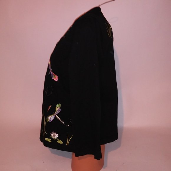 Quacker Factory Jacket Womens Large Black Embroidered Colorful Dragonfly Long Sl - Picture 12 of 16